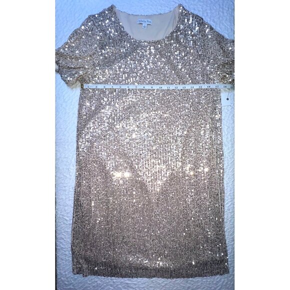 New! Ophelia Roe Gold Sequin Holiday Cocktail Dress Women SMALL Short Sleeve - Picture 1 of 3